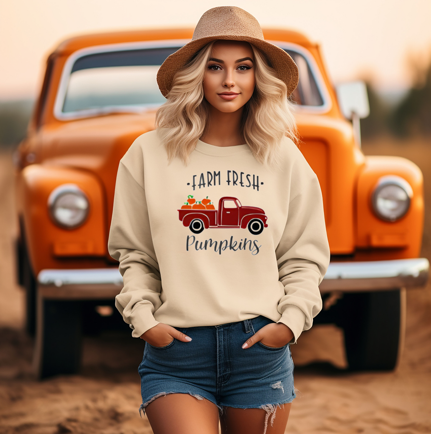 Farm Fresh Pumpkins In Red Pickup Truck (Adult Unisex Sweatshirt)