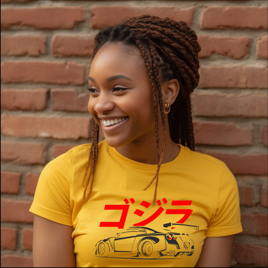 Camiseta de mujer con silueta GTR y escritura japonesa (Godzilla)