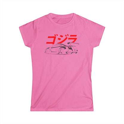 Camiseta de mujer con silueta GTR y escritura japonesa (Godzilla)