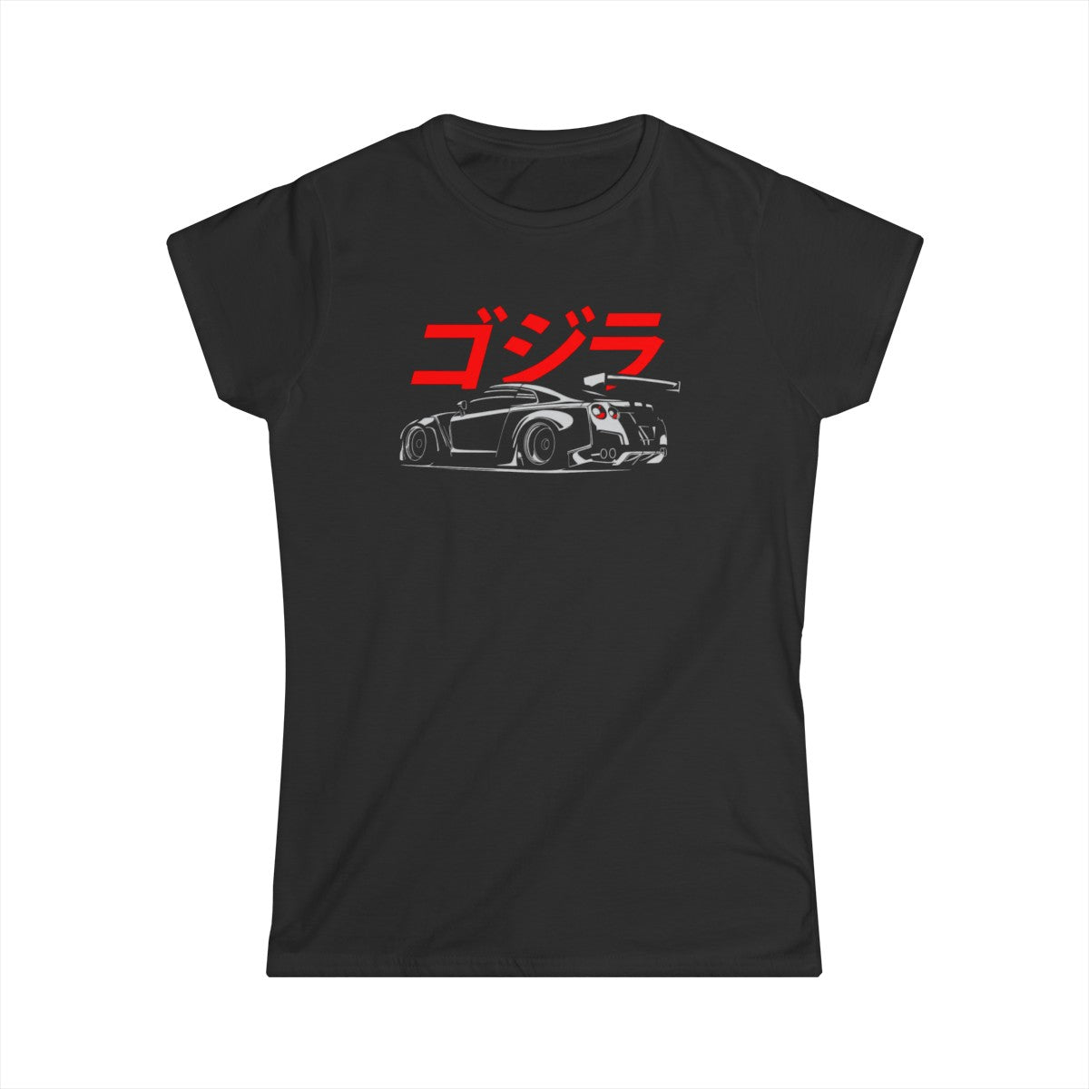 Camiseta de mujer con silueta GTR y escritura japonesa (Godzilla)