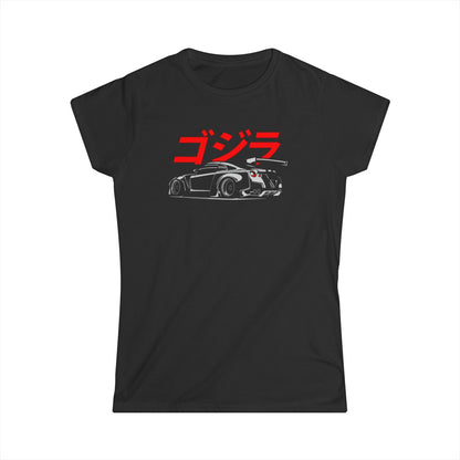 Camiseta de mujer con silueta GTR y escritura japonesa (Godzilla)