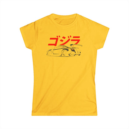 Camiseta de mujer con silueta GTR y escritura japonesa (Godzilla)