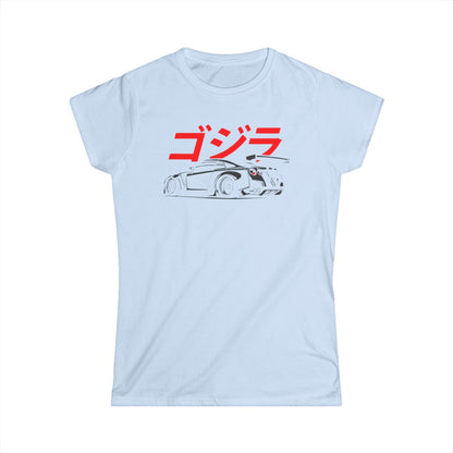 Camiseta de mujer con silueta GTR y escritura japonesa (Godzilla)