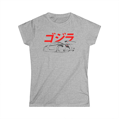 Camiseta de mujer con silueta GTR y escritura japonesa (Godzilla)