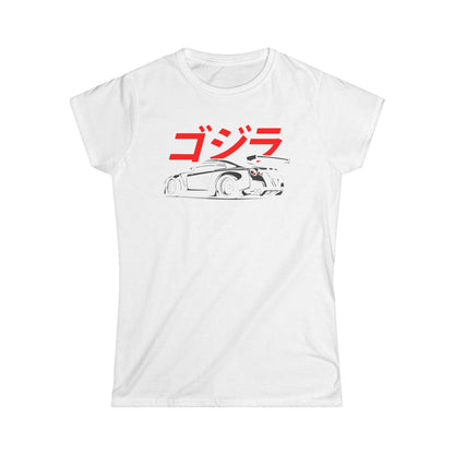 Camiseta de mujer con silueta GTR y escritura japonesa (Godzilla)