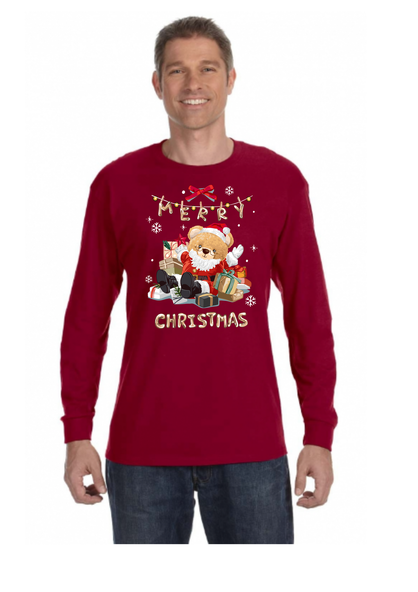 Camiseta unisex de manga larga para adultos con texto en inglés "Merry Christmas Bear"